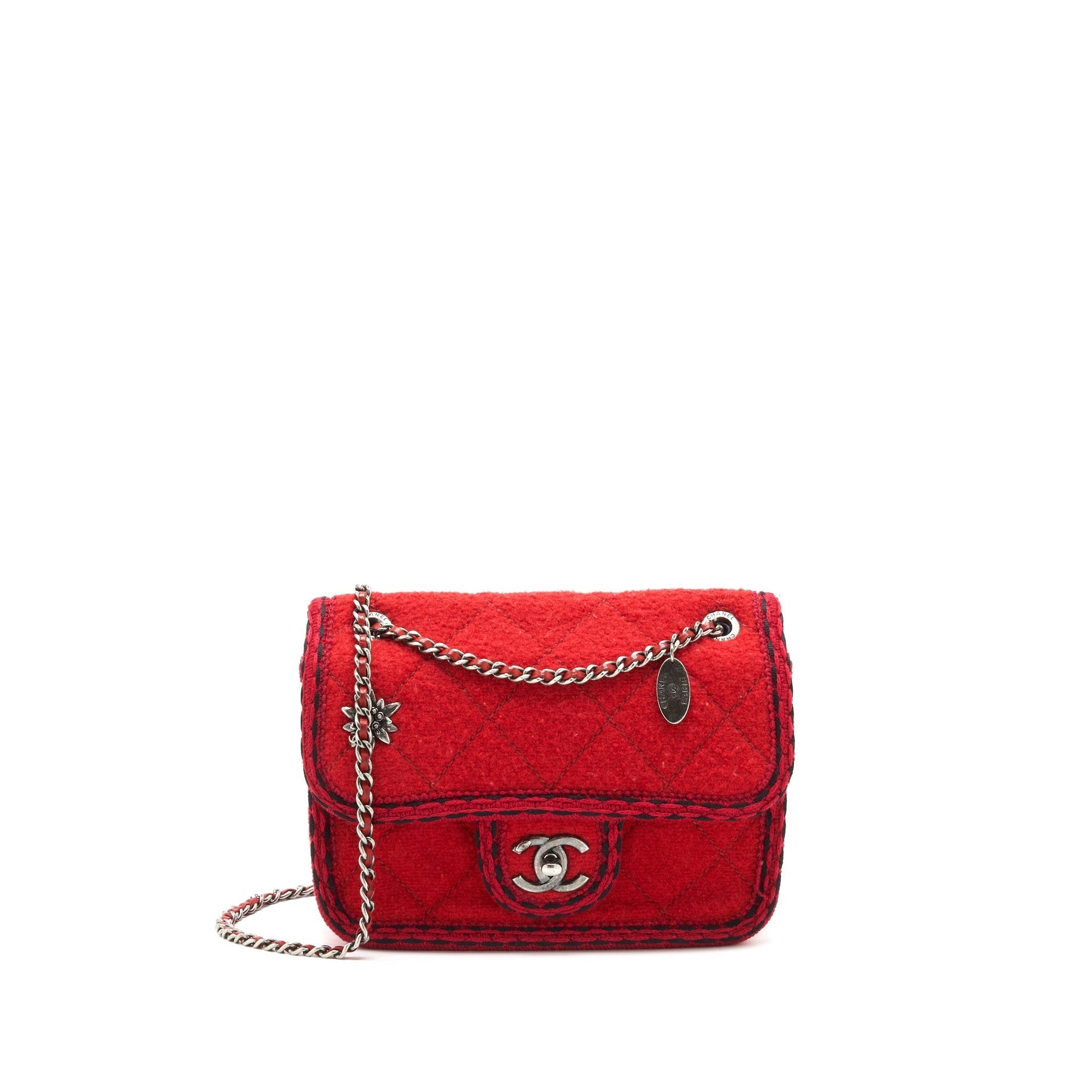Chanel flap wool fabric Ruthenium hardware Red Shoulder Bag