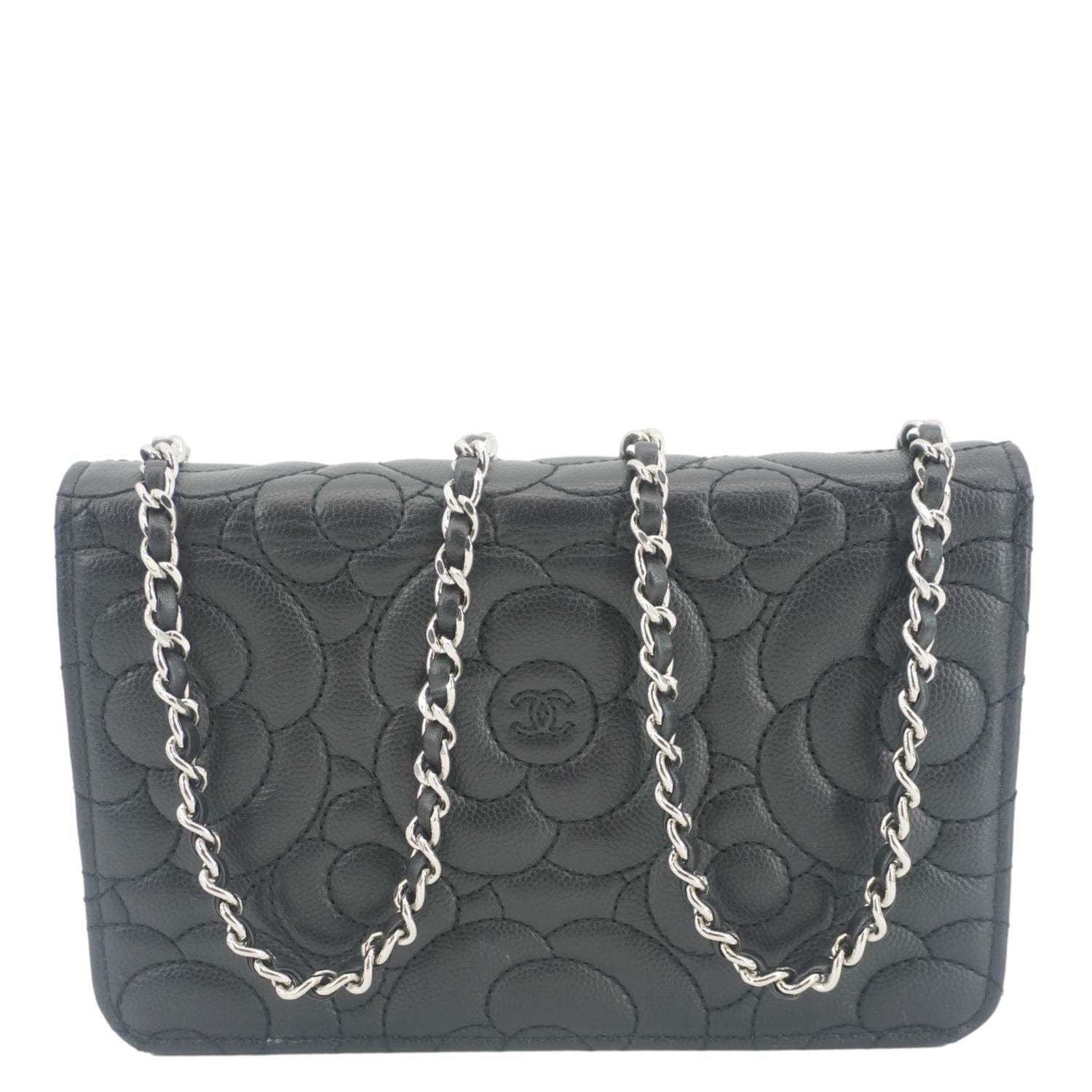Chanel Camellia Caviar on Leather Black Wallet Case