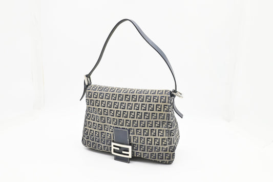 Fendi Mama Baguette In Zucca Handbag Canvas Navy Shoulder Bag