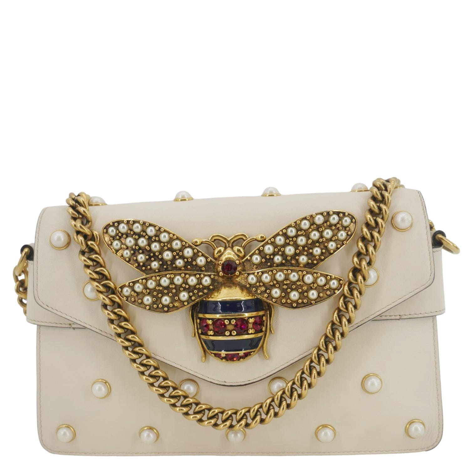 Gucci Broadway Pearl Bee Shoulder Bag Leather White Crossbody Bag