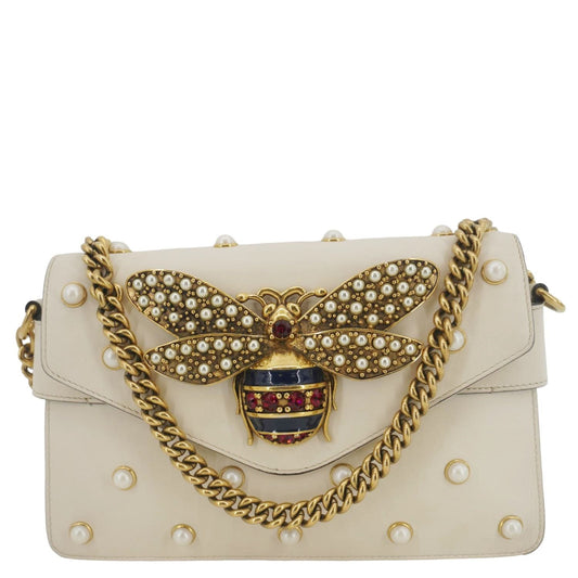 Gucci Broadway Pearl Bee Shoulder Bag Leather White Crossbody Bag
