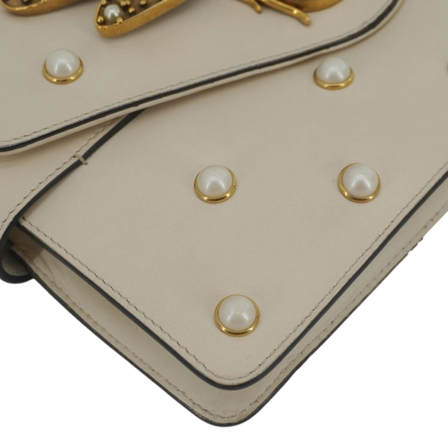 Gucci Broadway Pearl Bee Shoulder Bag Leather White Crossbody Bag