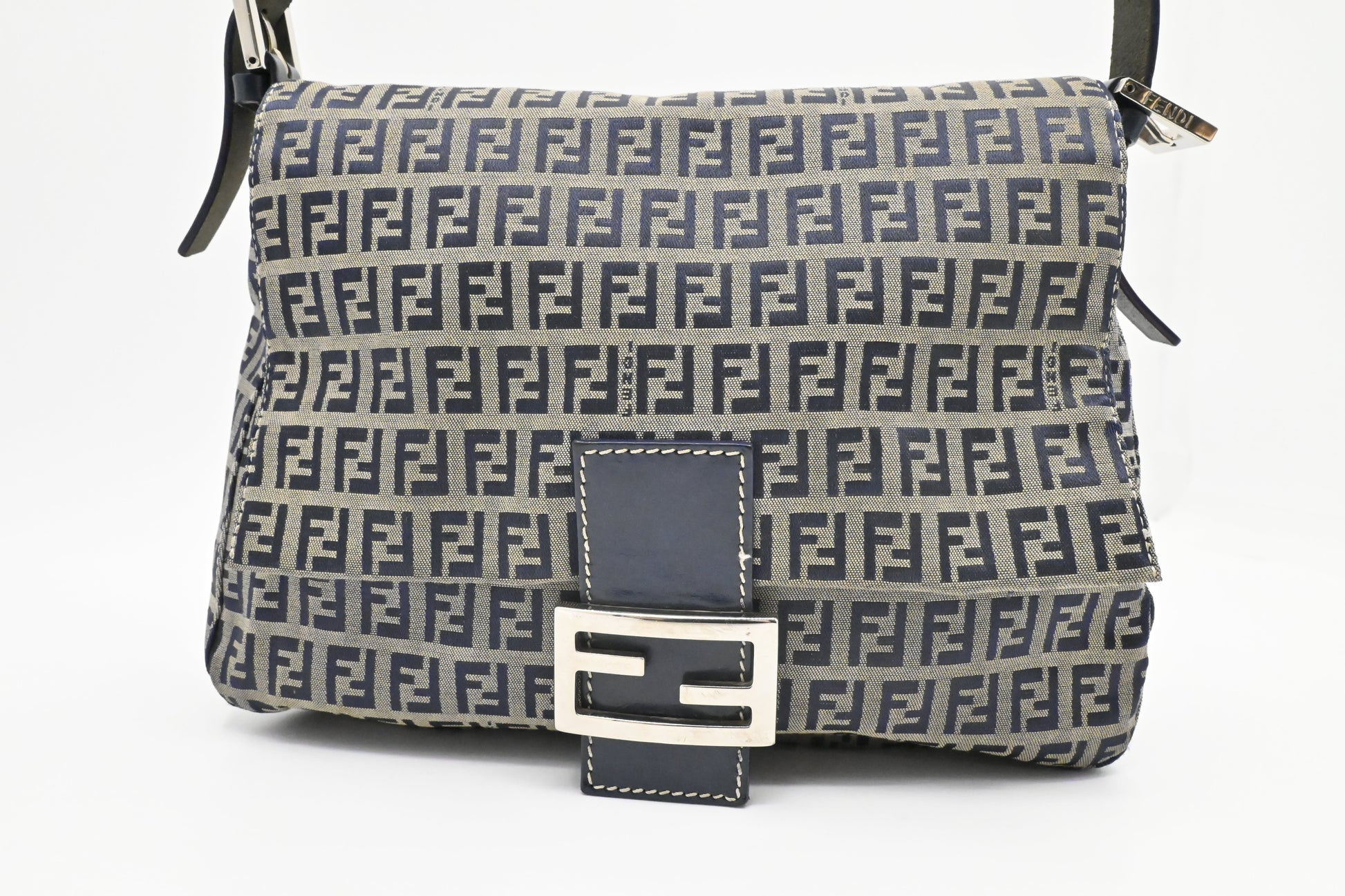 Fendi Mama Baguette In Zucca Handbag Canvas Navy Shoulder Bag