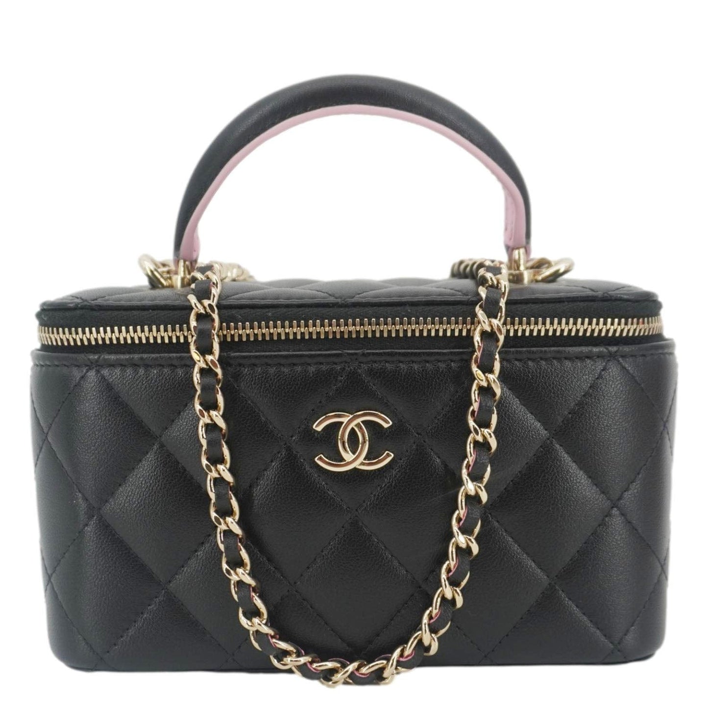 Chanel Vanity Quilted Top Handle Leather Black Travel Bag