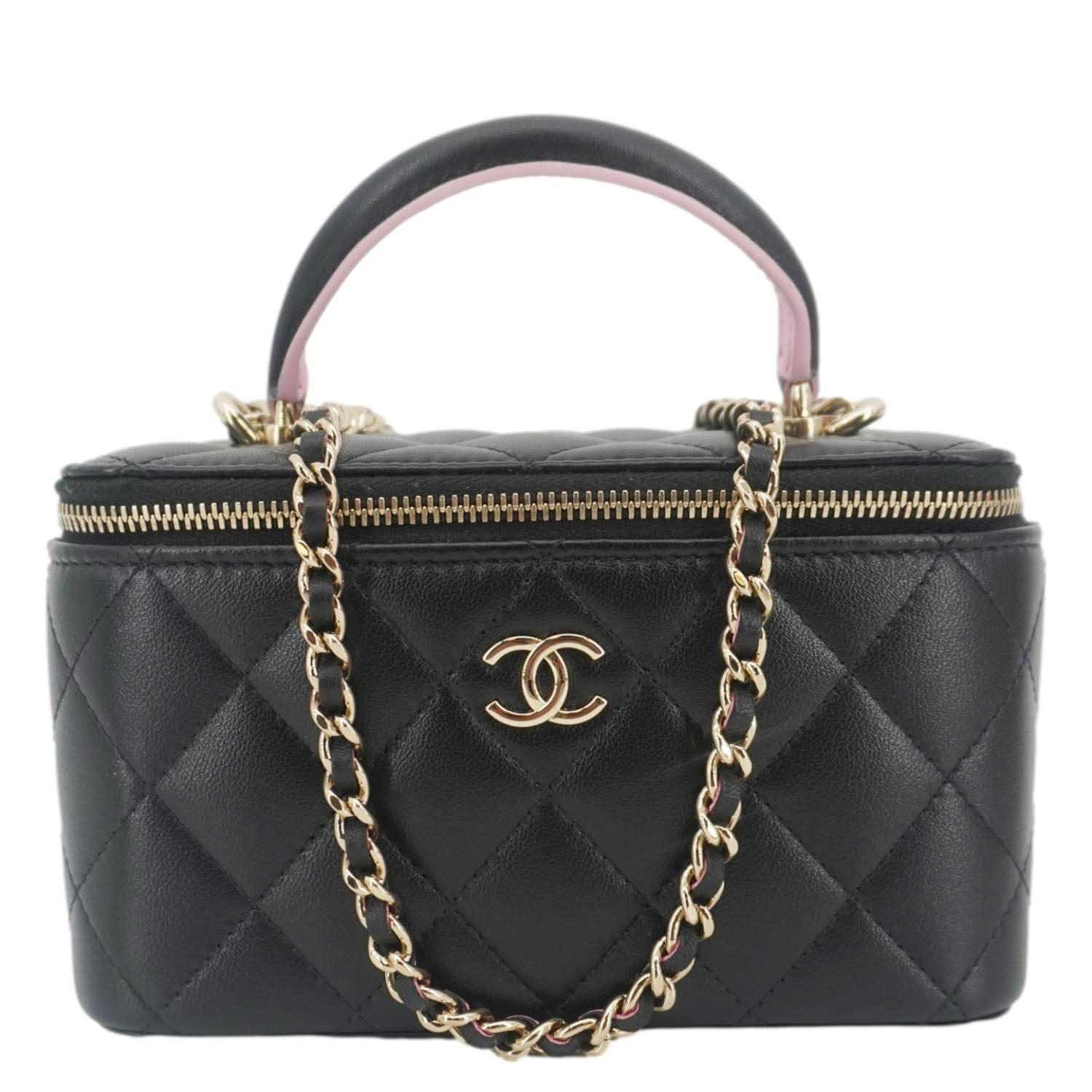 Chanel Vanity Quilted Top Handle Leather Black Travel Bag