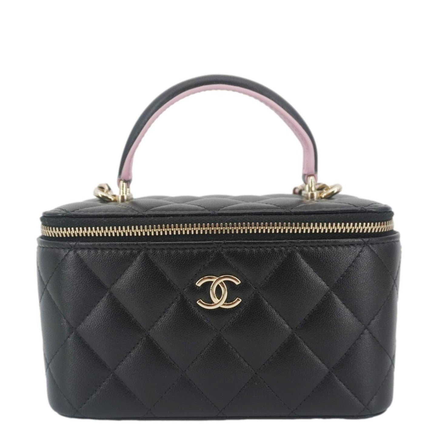 Chanel Vanity Quilted Top Handle Leather Black Travel Bag