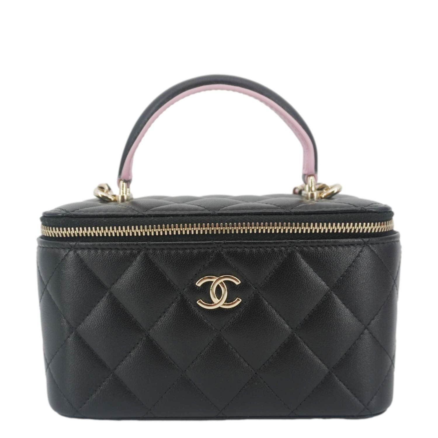 Chanel Vanity Quilted Top Handle Leather Black Travel Bag