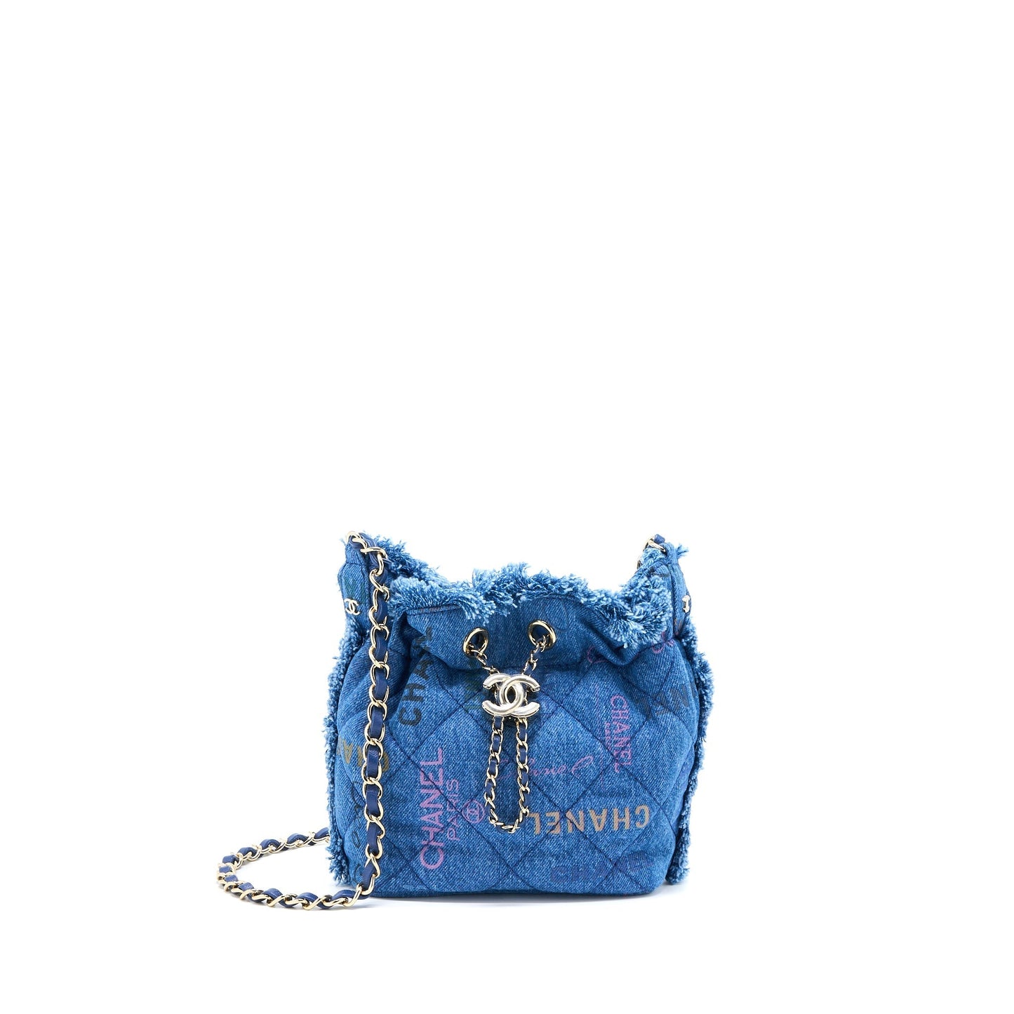 Chanel 22P Denim Bucket LGHW Microchip Blue Small Bucket Bag