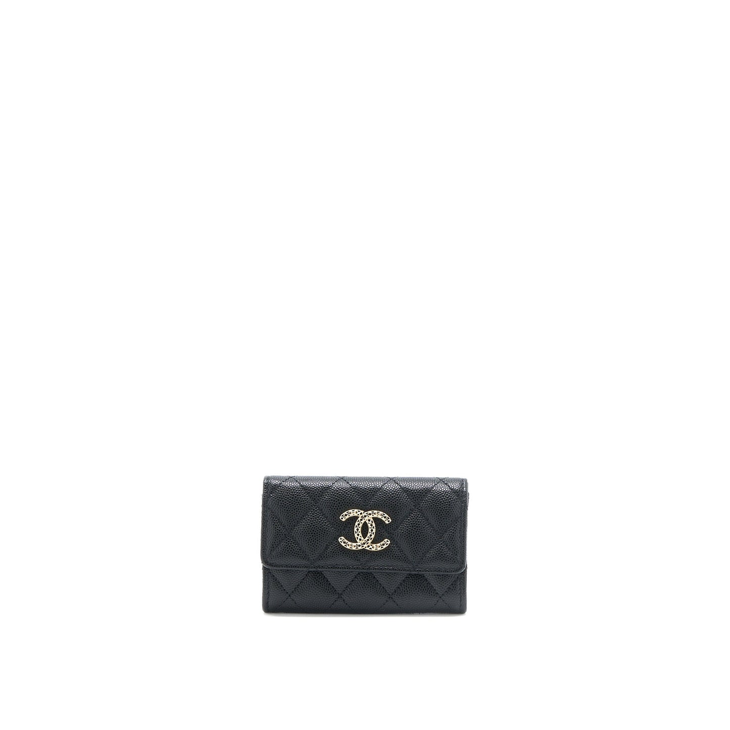 Chanel 23P Detailed Logo Flap Card Holder Black Wallet Case