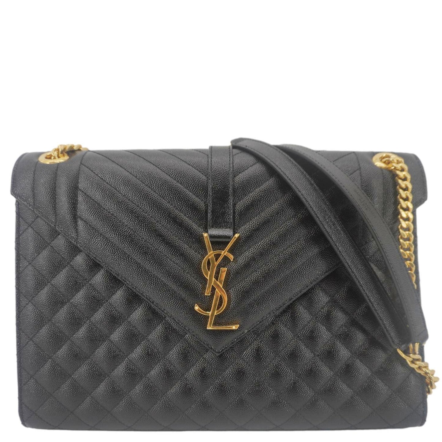 YSL Saint Laurent Yves Envelope Shoulder Bag Leather Black Chain
