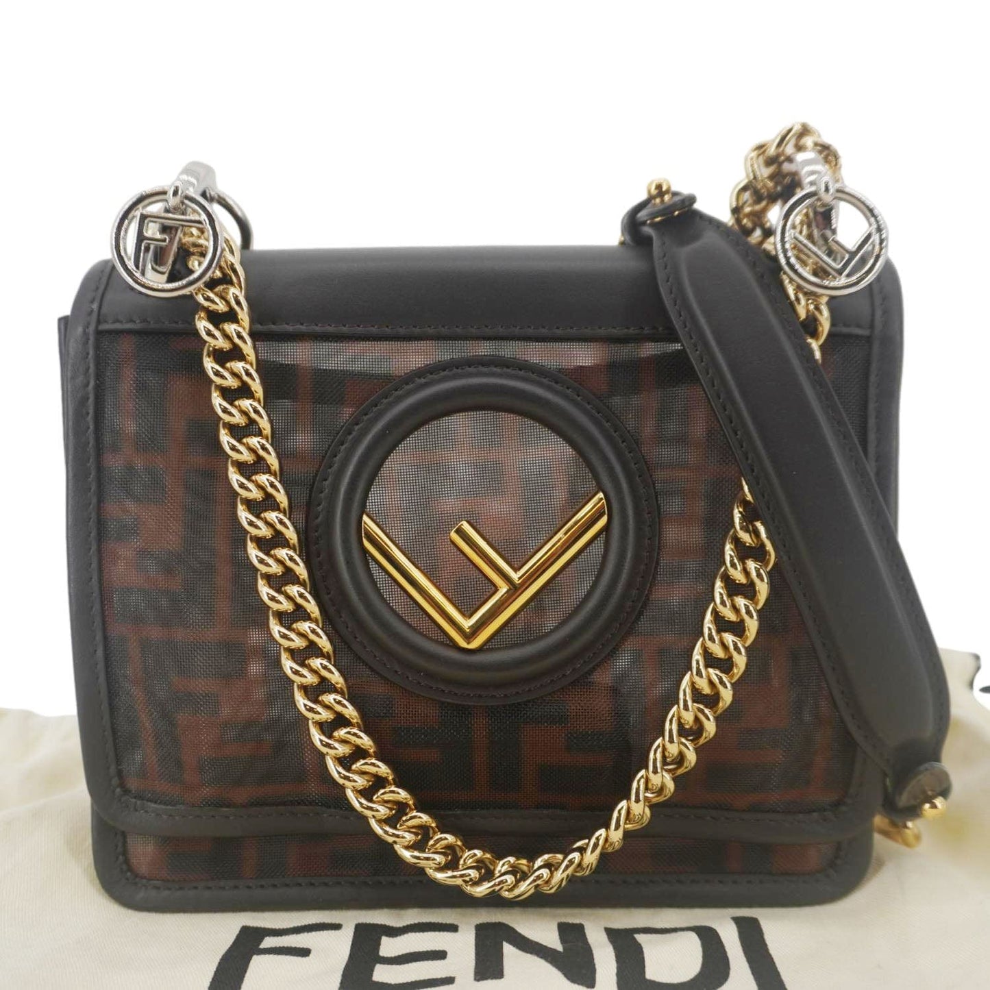 Fendi Kan Ff Mesh Crossbody Bag Nylon Brown Small