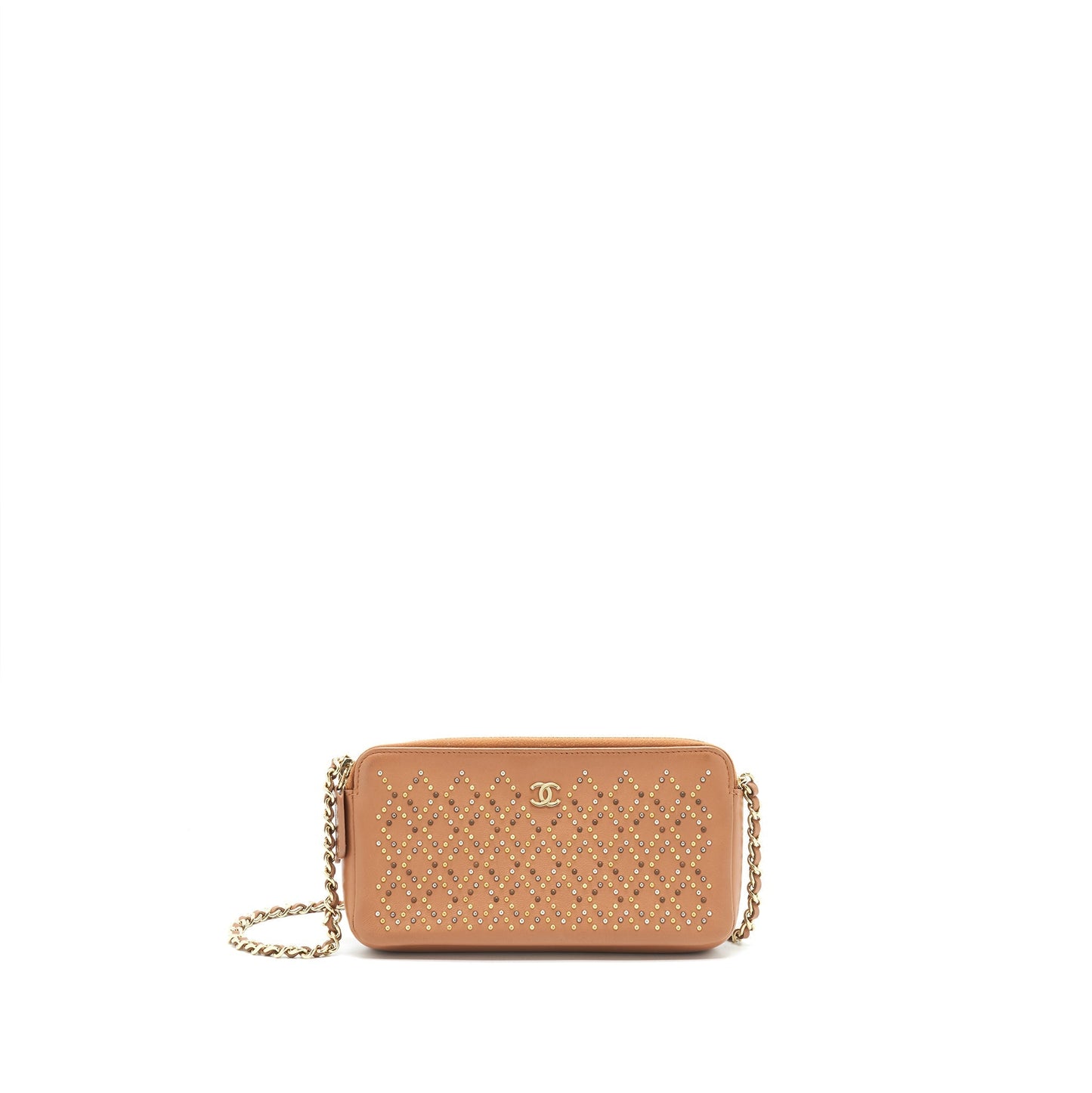 Chanel Stud Double Zip On Dark Beige Wallet Case