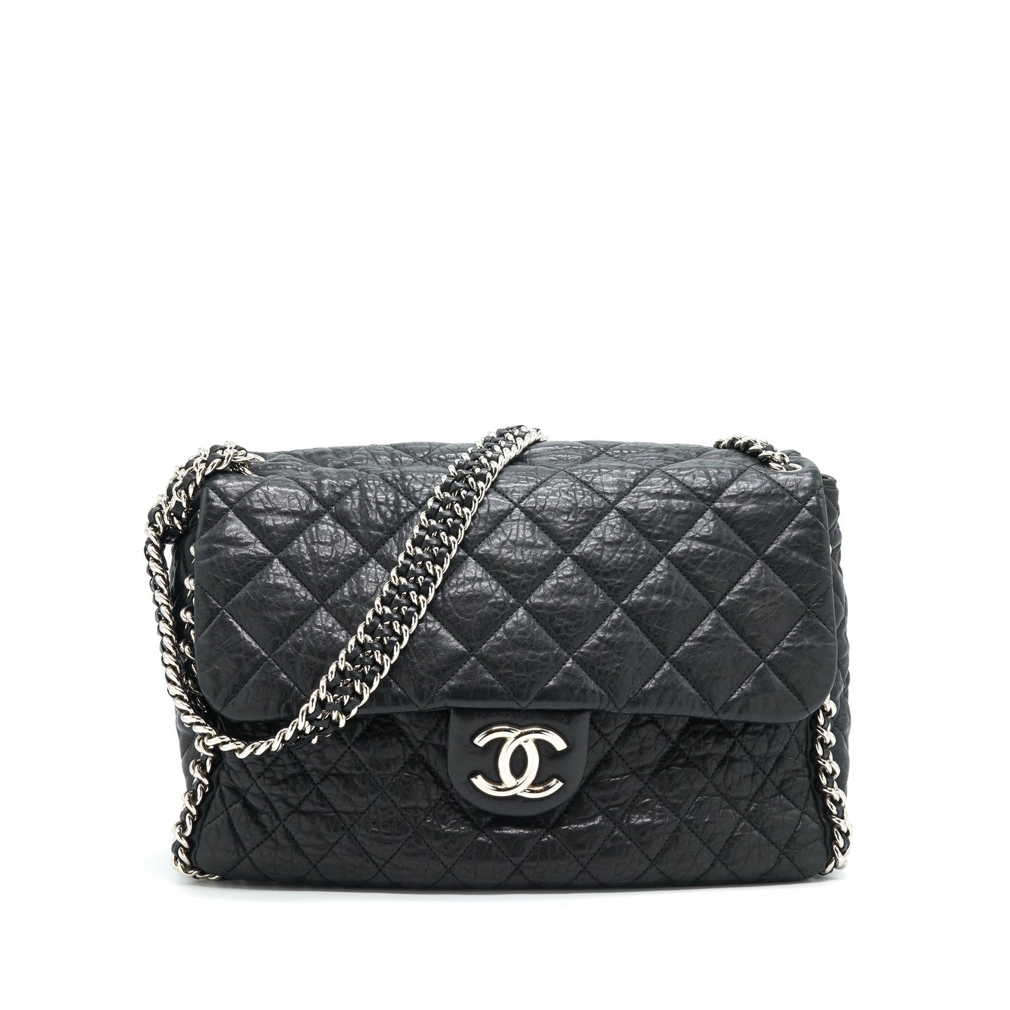 Chanel Quilted Around Maxi Ruthenium Hardware Black Leather Handbag