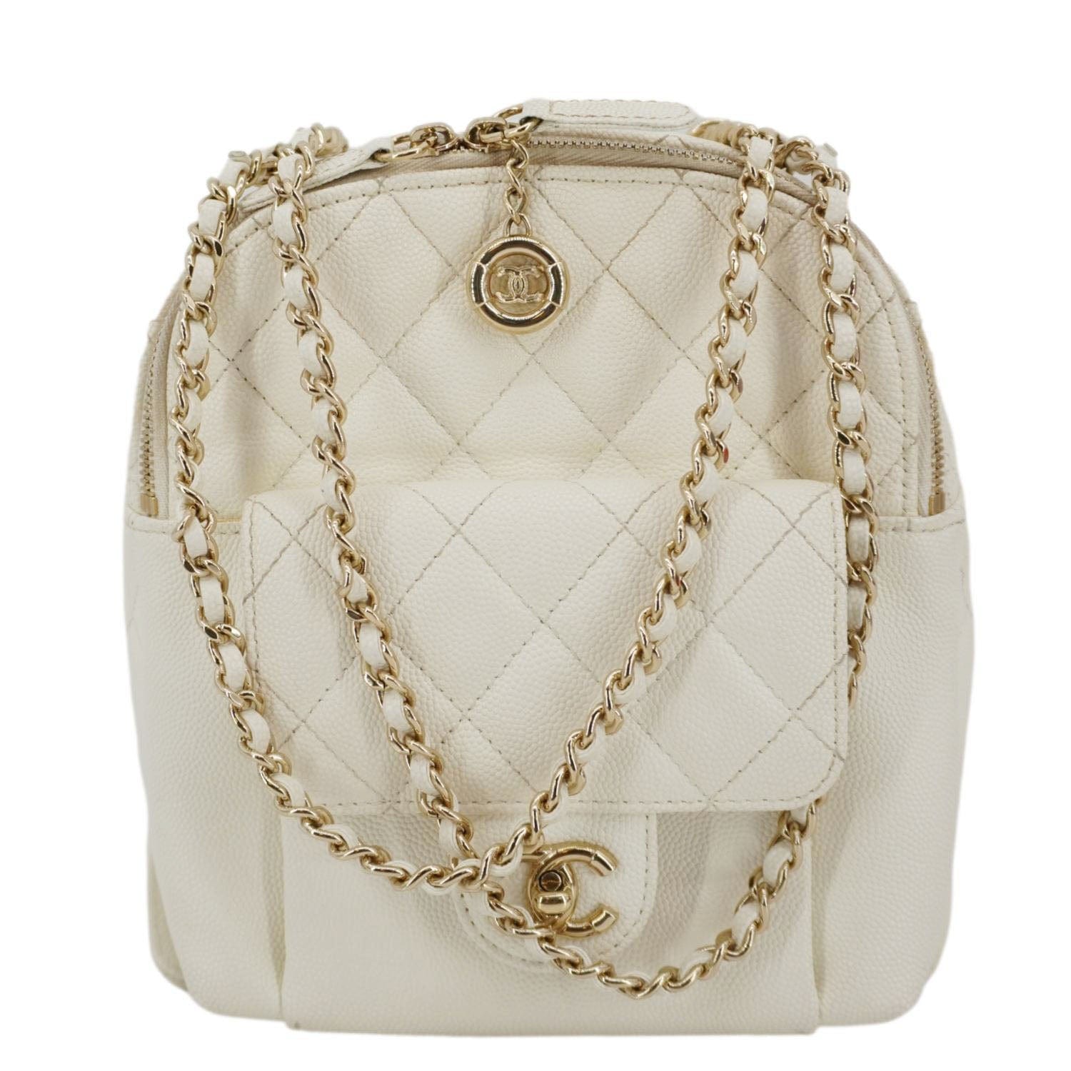 Chanel CC Day Caviar Quilted Backpack Leather White Travel Bag