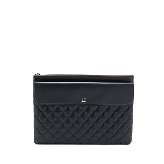 Chanel Quilted Zip Flap Model Lambskin LGHW Black Clutch Bag