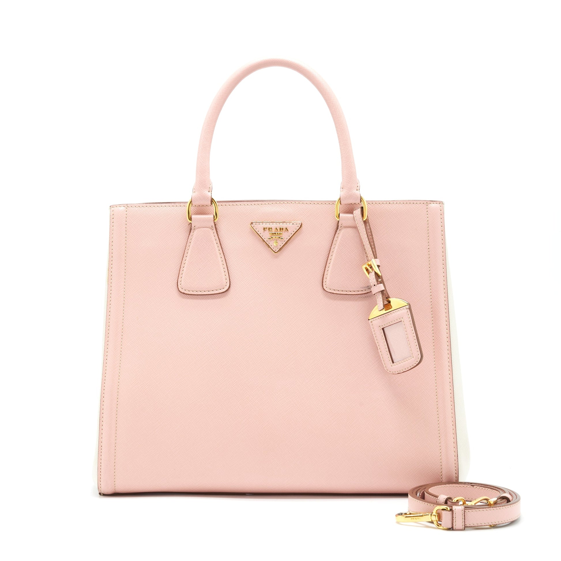 Prada Top Handle Saffiano Tote Purse Calfskin Handbag White Pink Tote Bag