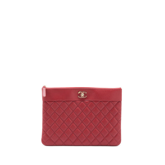 Chanel CC Logo Quilted Zip Calfskin GHW Red Clutch Bag