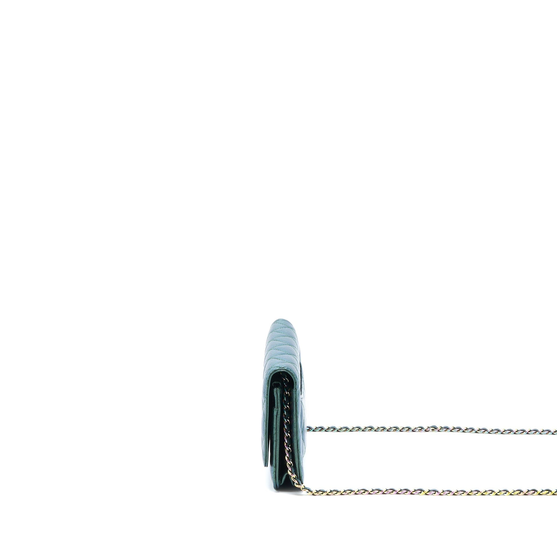 Chanel Classic on Goatskin Iridescent Rainbow Hardware Green Wallet Case