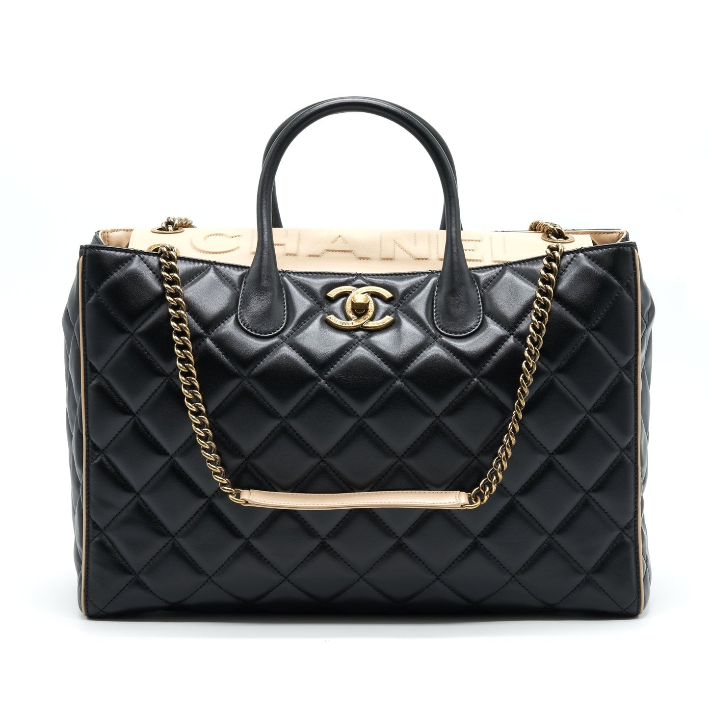 Chanel Calfskin Shopping Black Beige Leather Handbag
