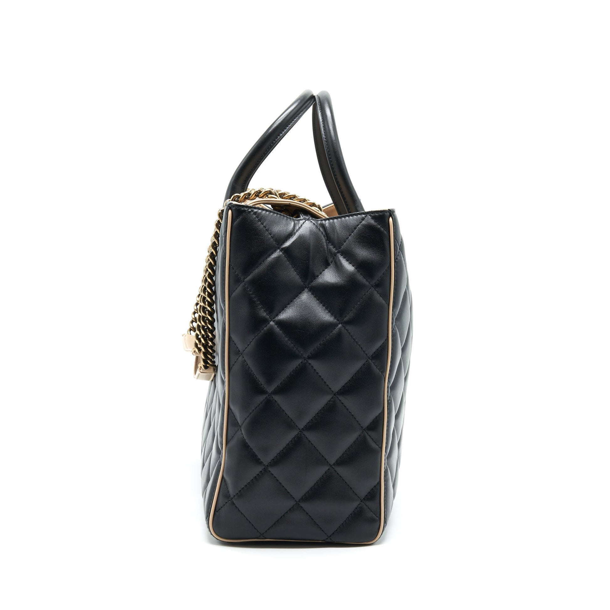Chanel Calfskin Shopping Black Beige Leather Handbag