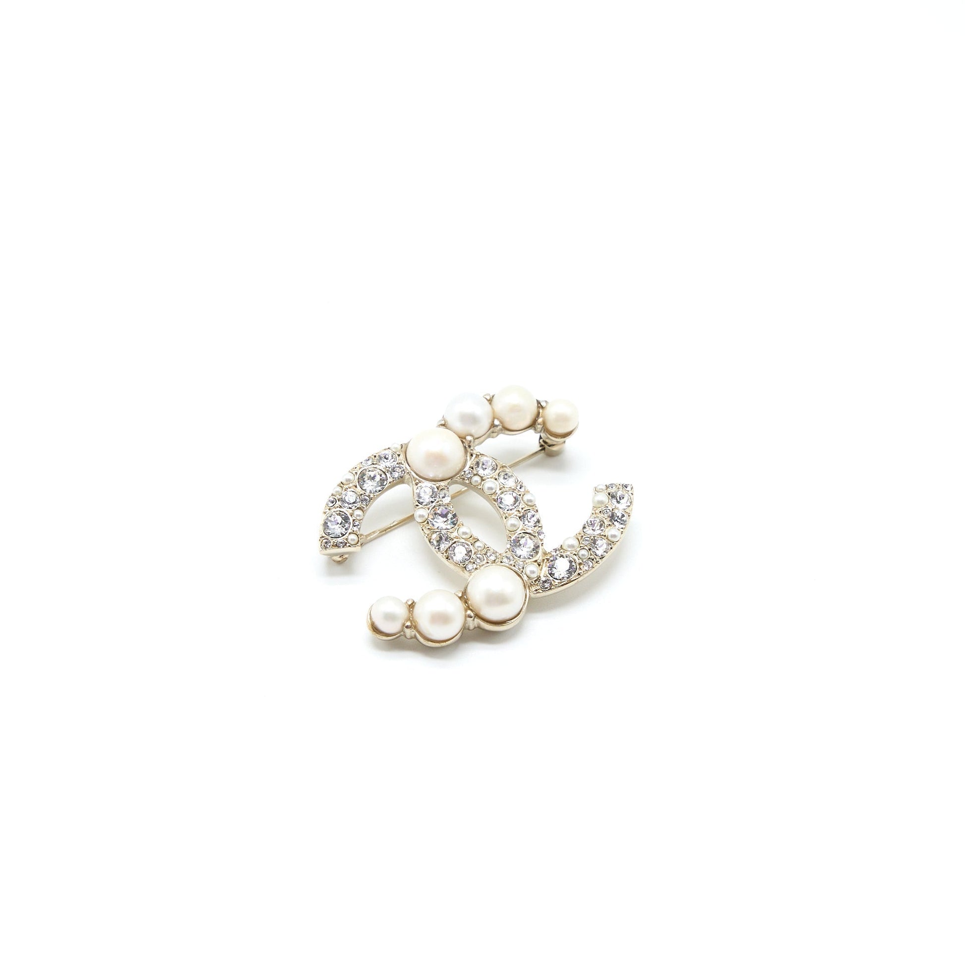 Chanel CC Logo Brooch Crystal Pearl Light Gold Handbag