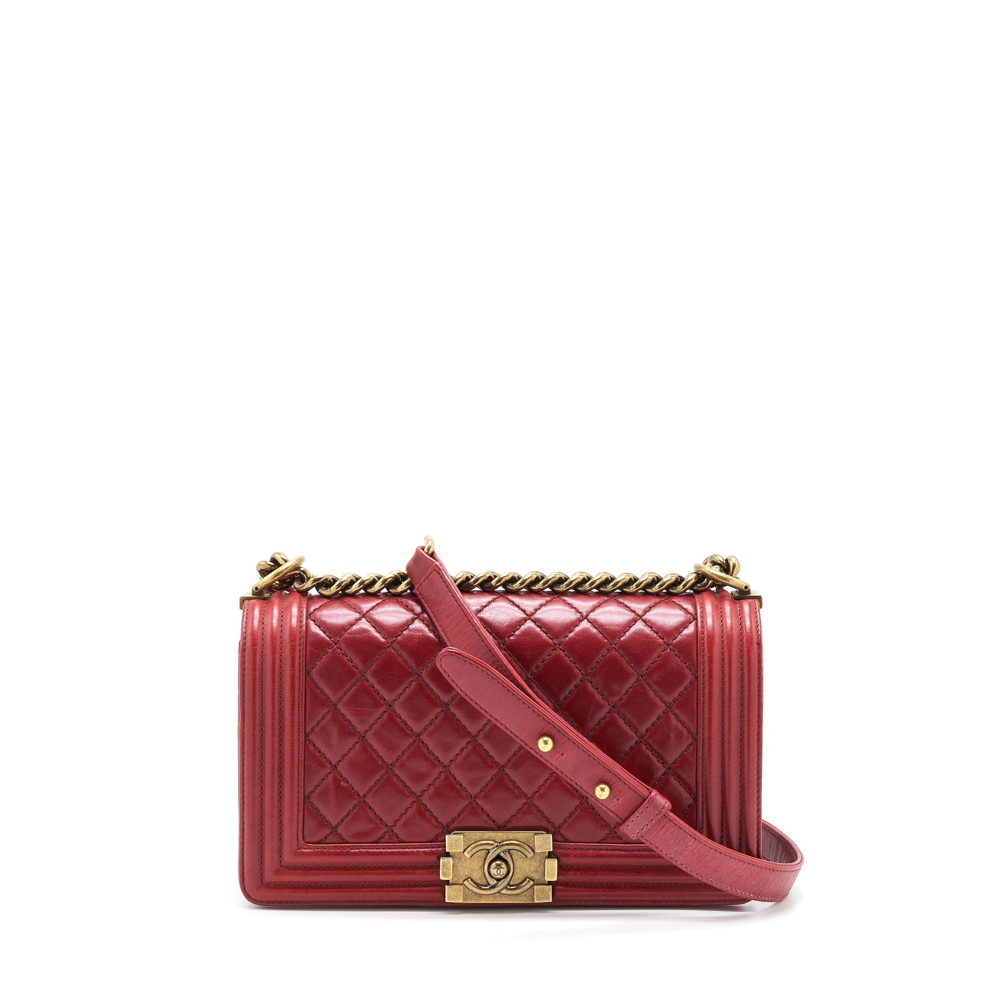 Chanel Boy Aged Calfskin Ruthenium GHW Red Handbag