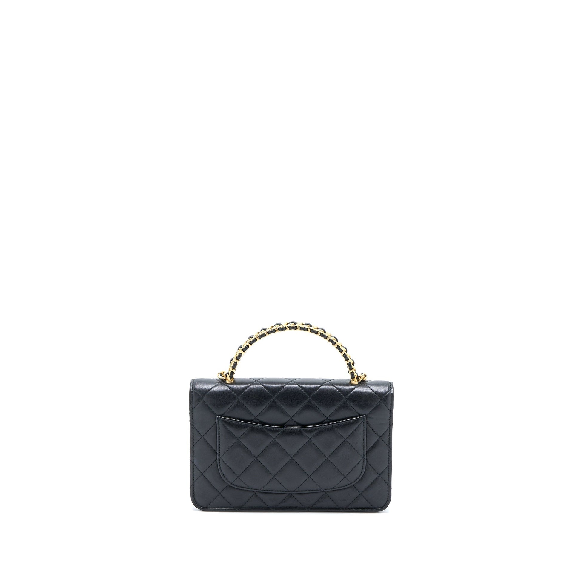 Chanel Detailed Top Handle on Lambskin Brushed Black Wallet Case