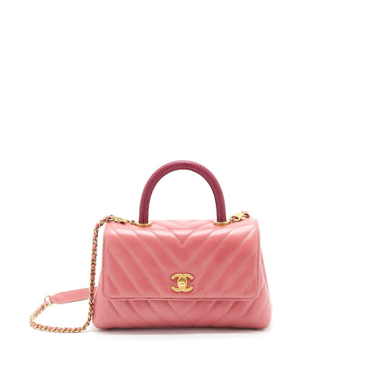 Chanel Coco Handle Chevron Calfskin Lizard Handle Pink Small Handbag Ghw 1