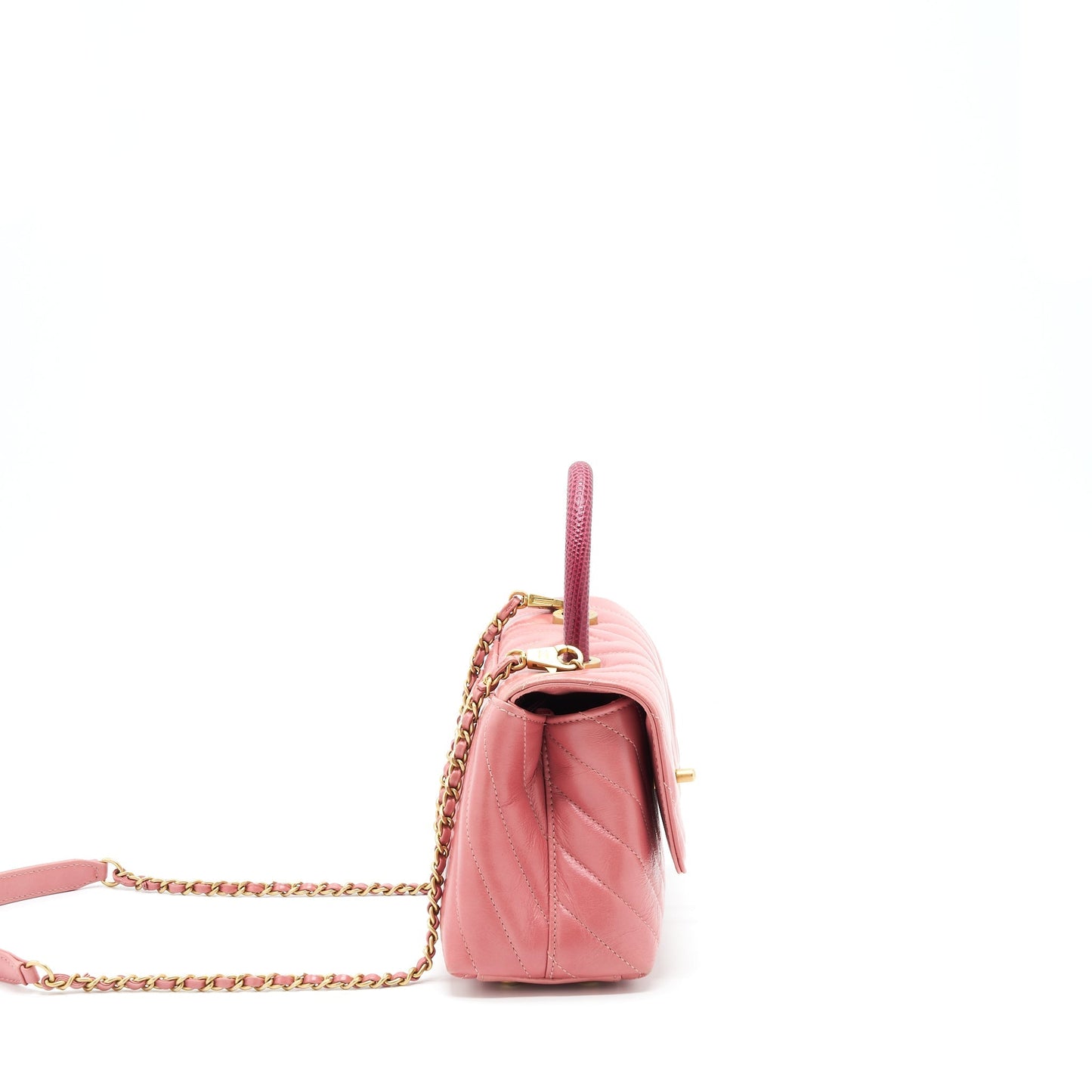 Chanel Coco Handle Chevron Calfskin Lizard Handle Pink Small Handbag Ghw 1