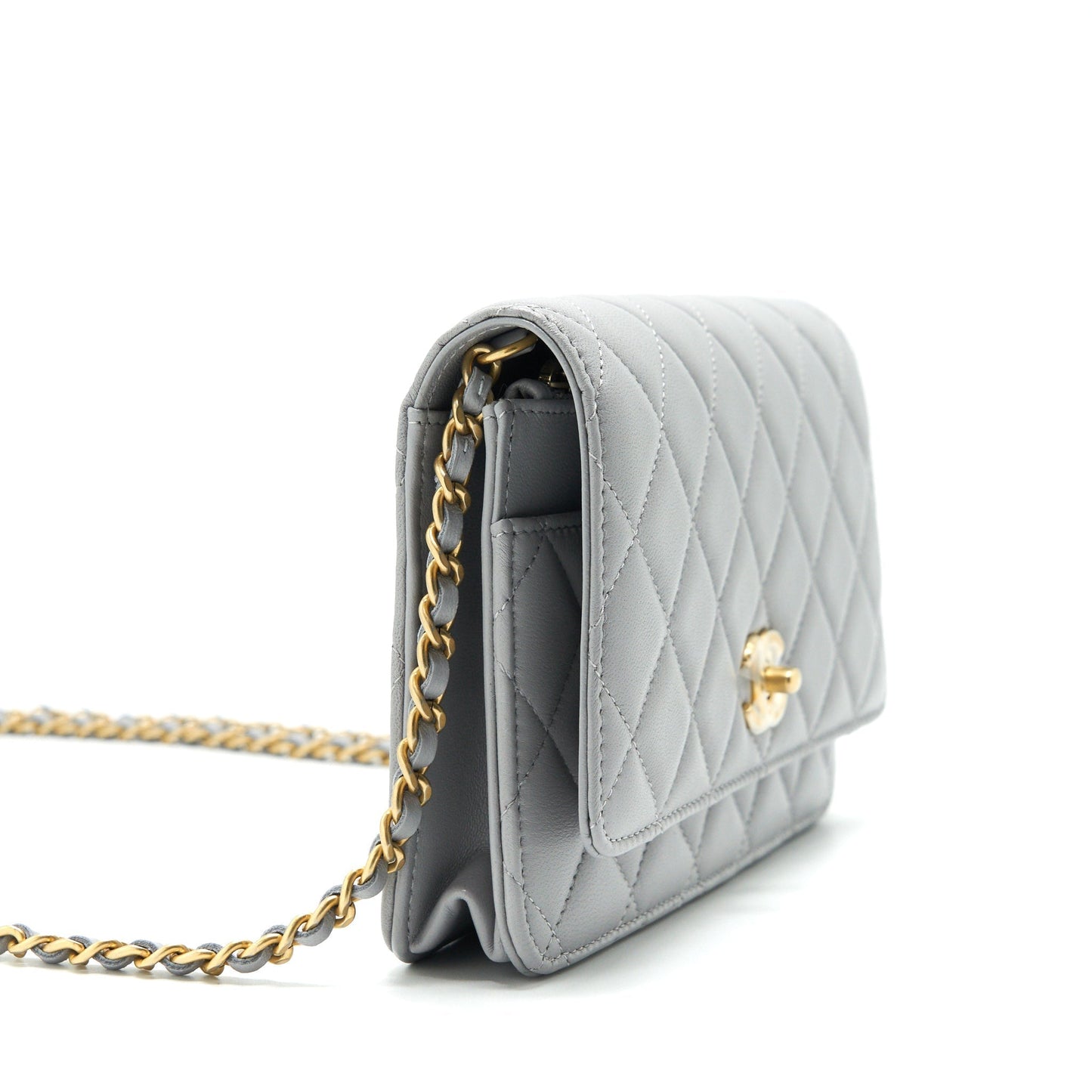 Chanel Pearl Crush On Lambskin GHW Microchip Grey Wallet Case