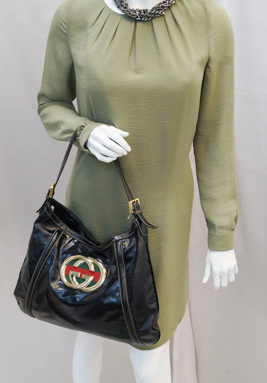 Gucci Patent Britt Hobo Bag Leather Black Travel Bag