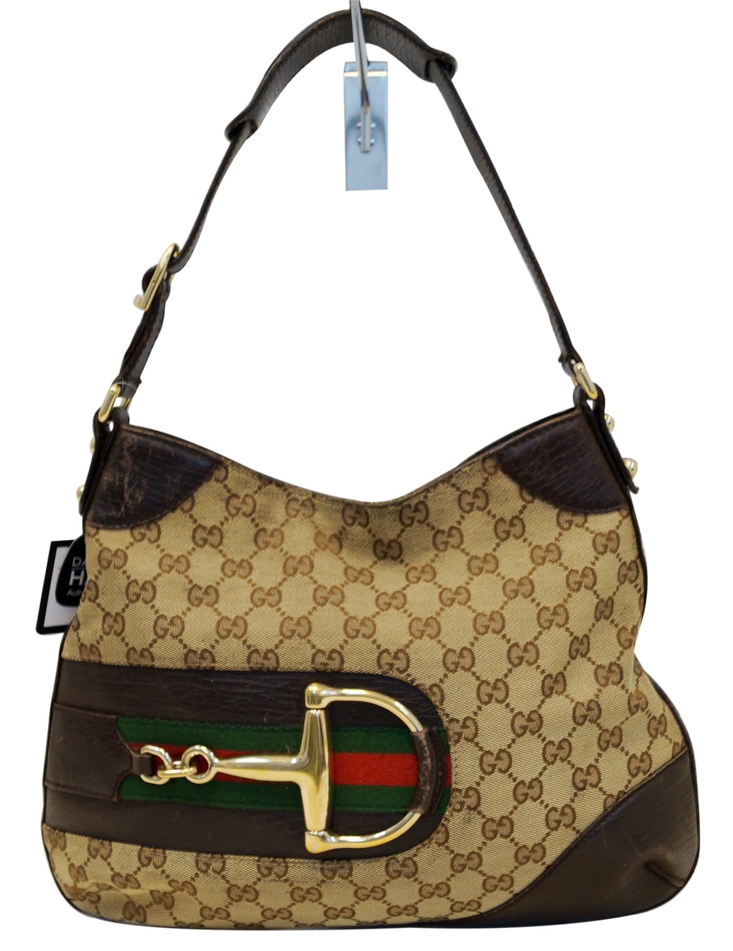 Gucci Ebony Signature Hasler Horsebit Shoulder Bag Canvas Beige