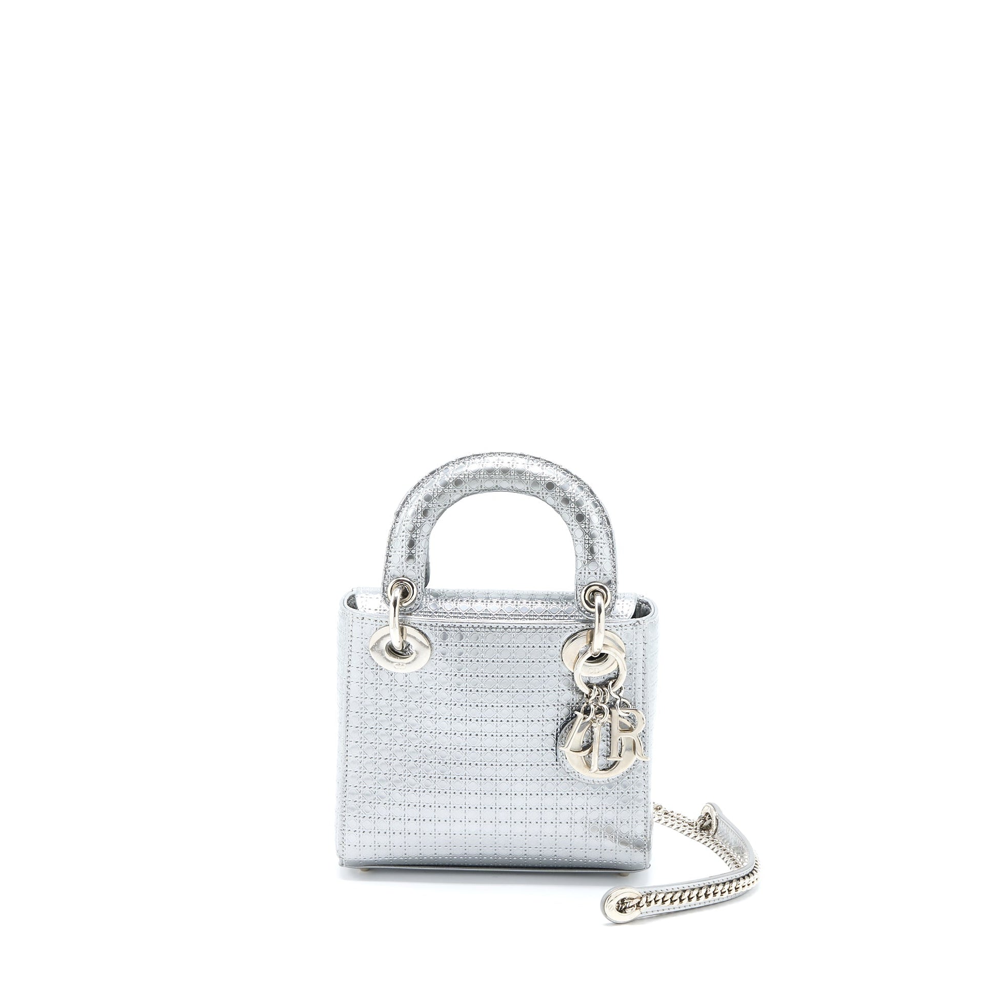 Dior Lady Patent Metallic Handbag Silver Mini Travel Bag