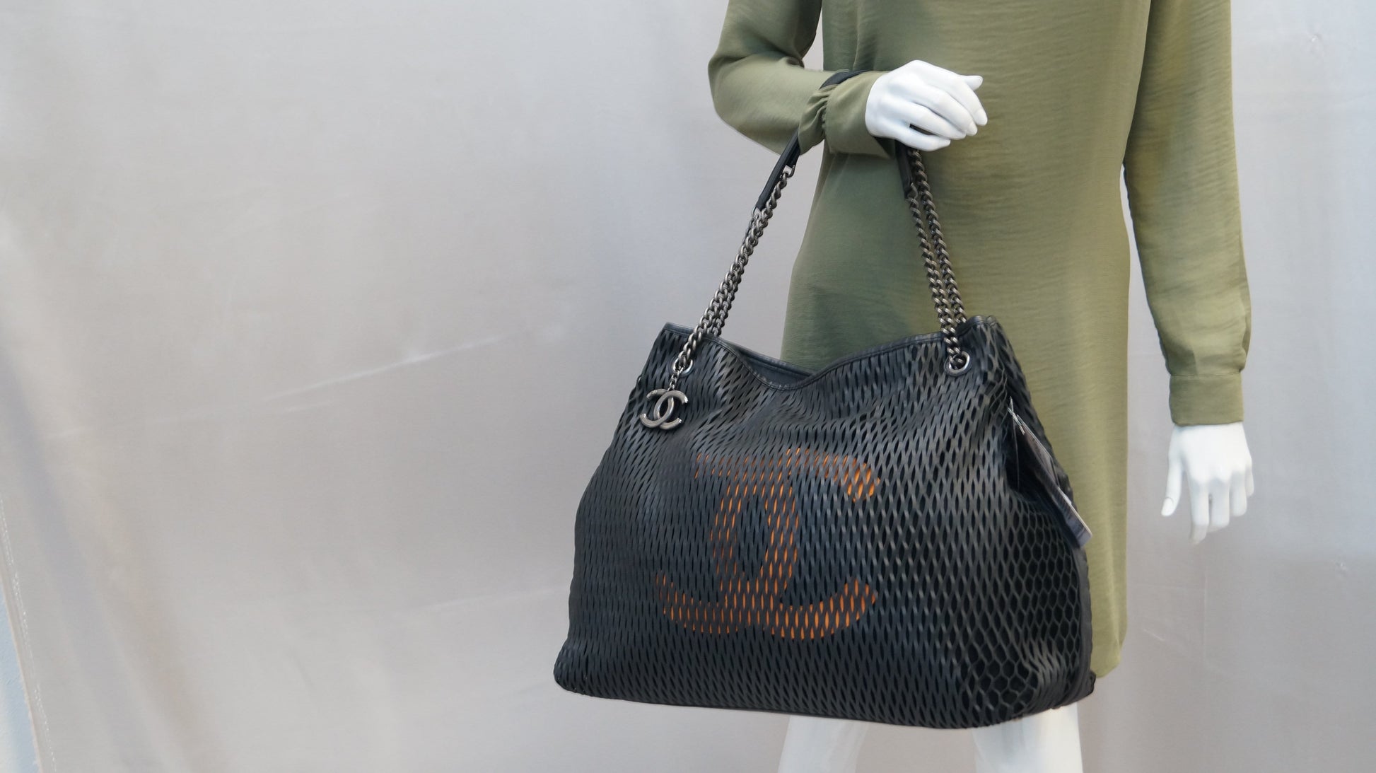 Chanel Laser Cut Perforated Cc Tote Black Tote Bag