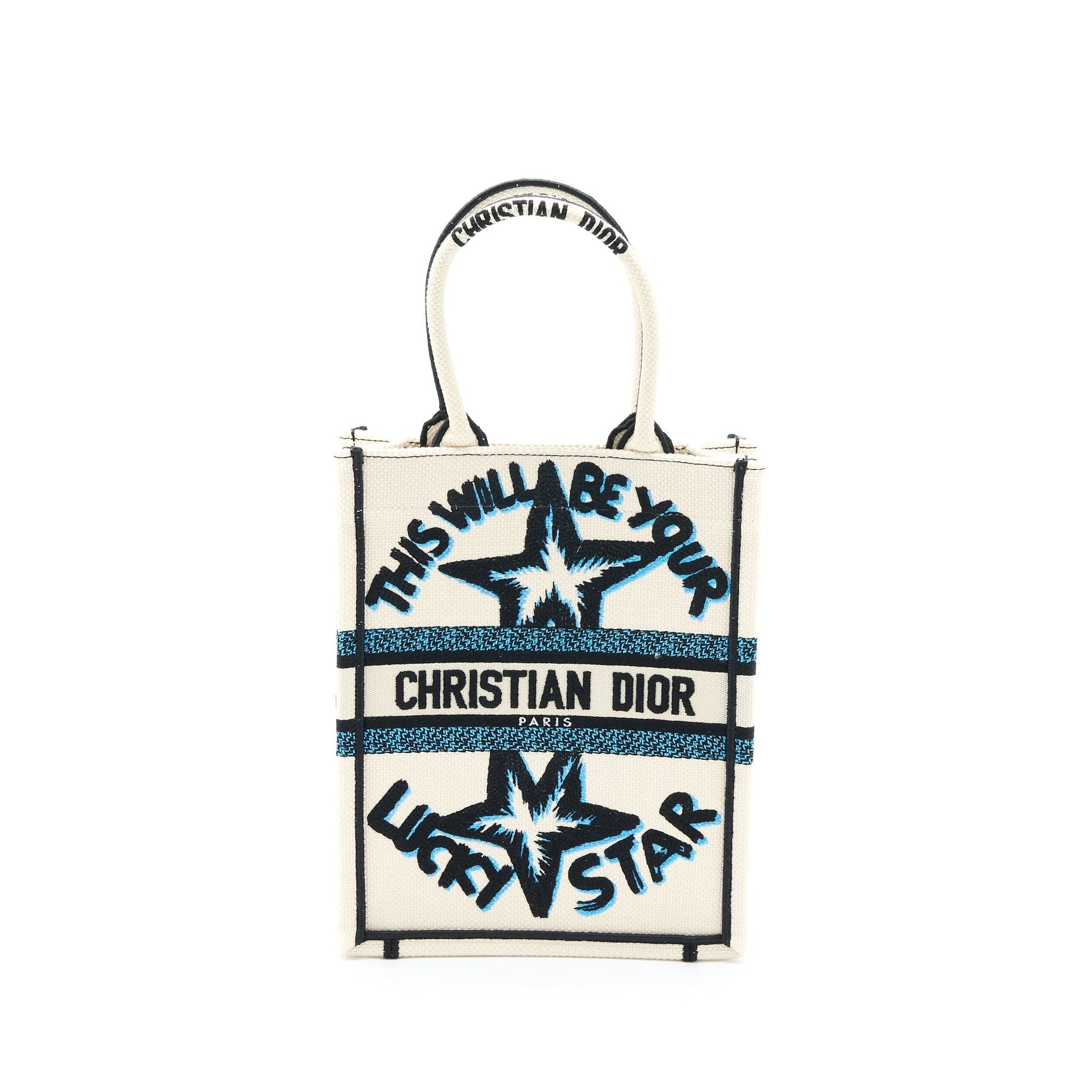 Dior Vertical Book Tote Lucky Star Embroidery Multicolour White Tote Bag