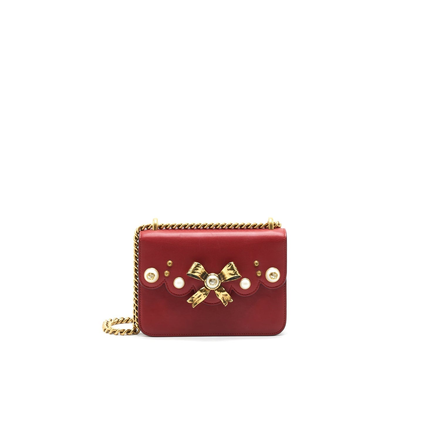 Gucci Bow And Pearl Shoulder Bag Leather Red