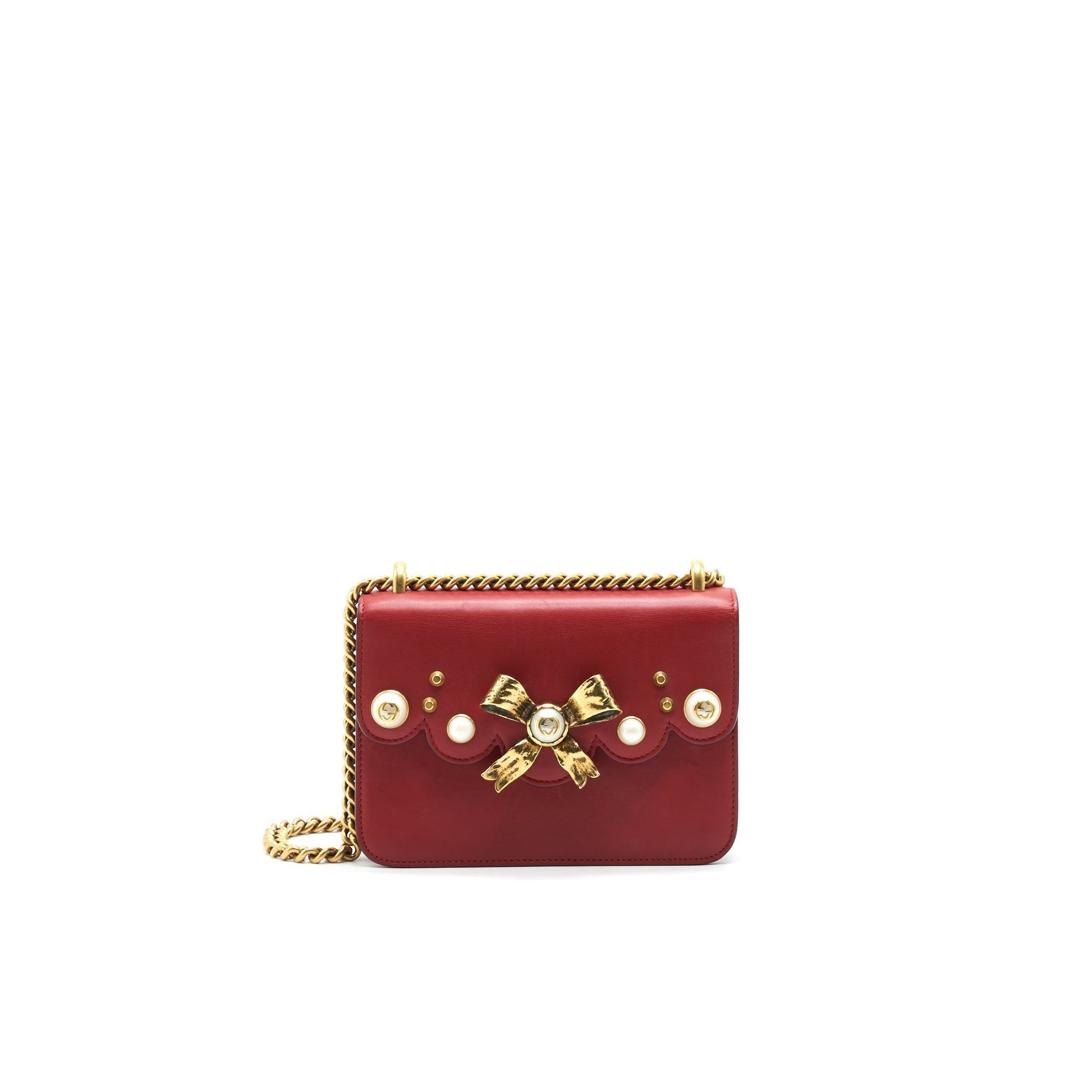 Gucci Bow And Pearl Shoulder Bag Leather Red