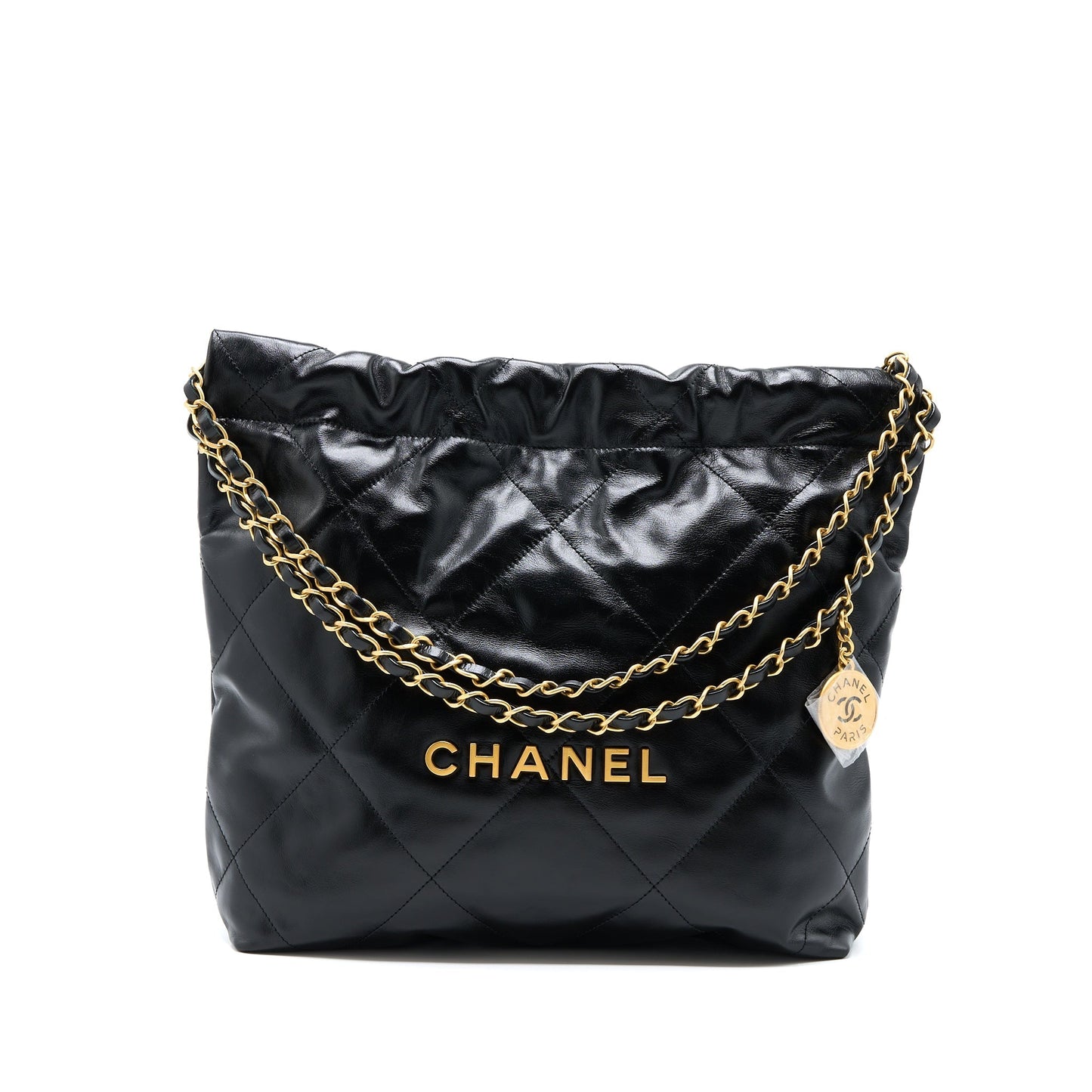 Chanel 22 Letter Shiny Calfskin GHW Microchip Black Gold Small Handbag
