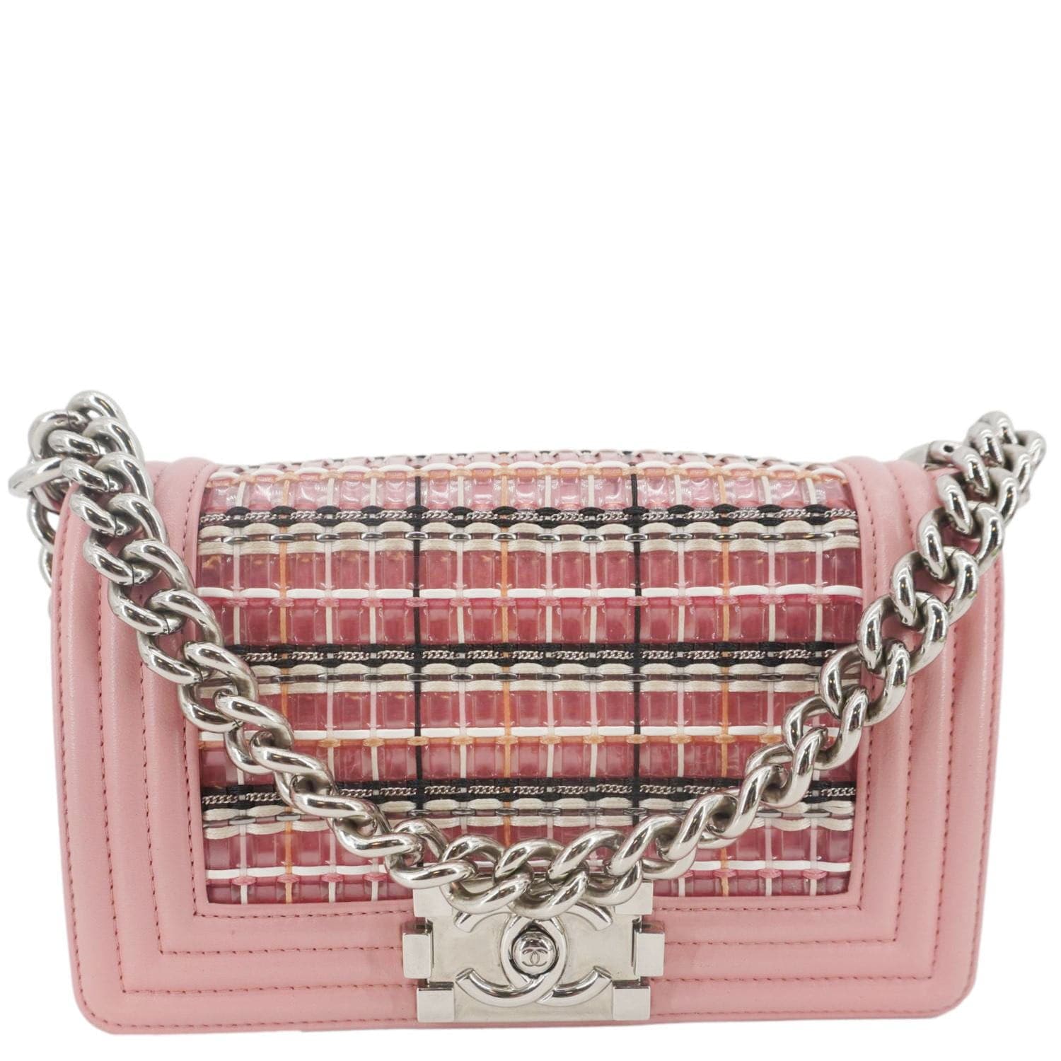 Chanel Boy Flap Woven Leather Pink Travel Bag