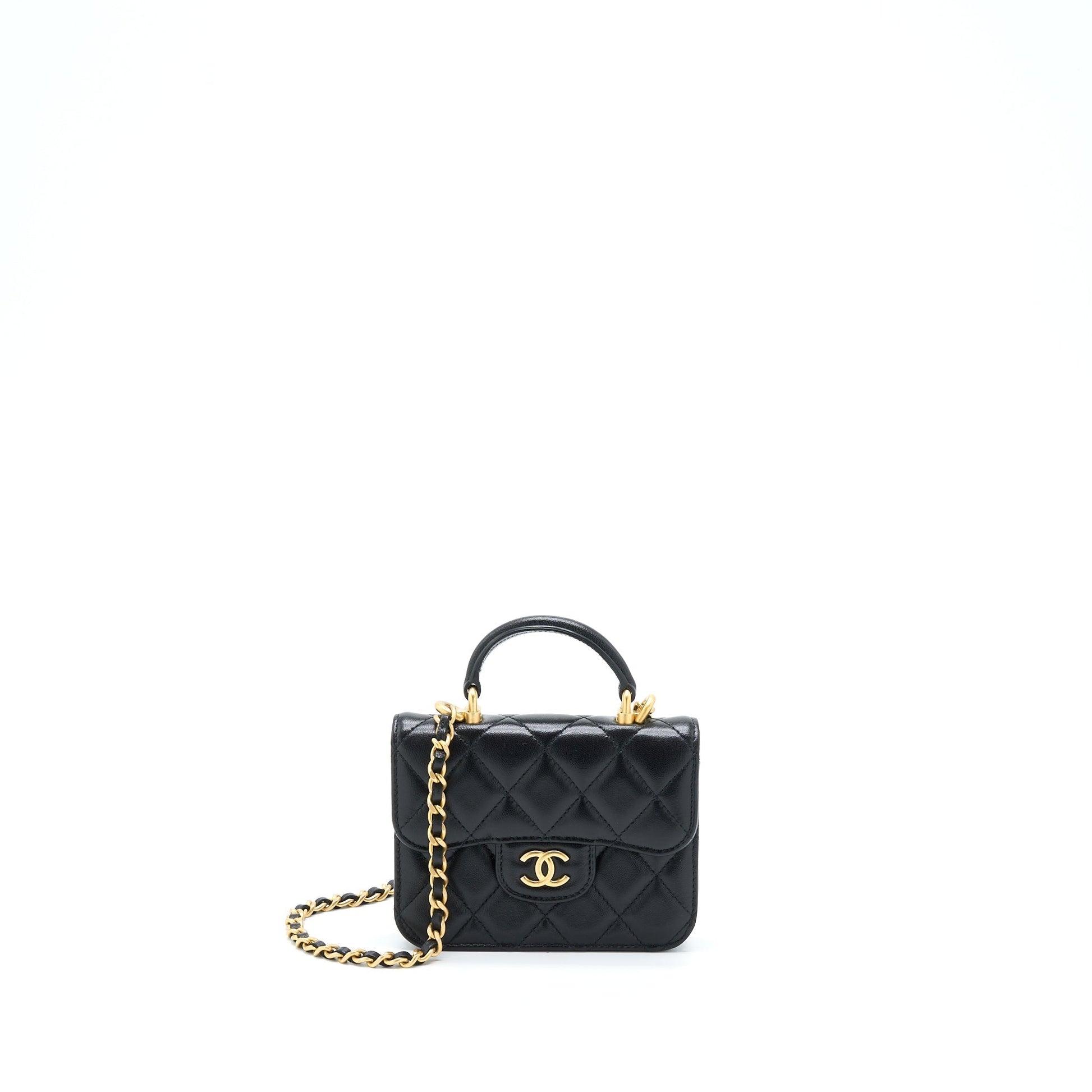 Chanel Top Handle Flap Card Holder Lambskin Black Wallet Case