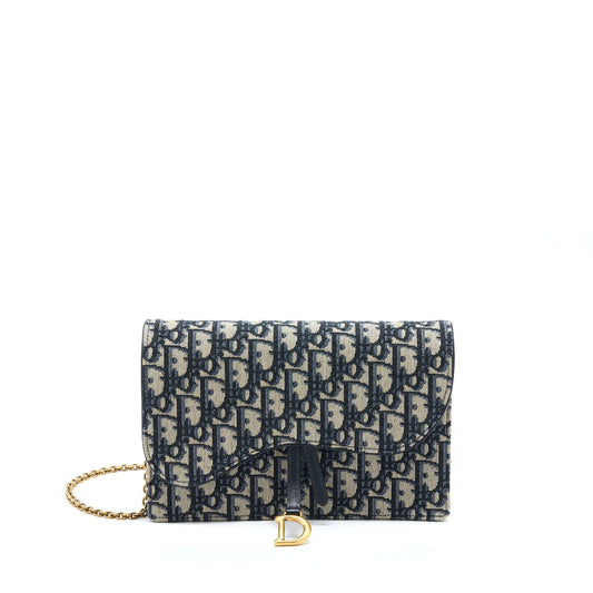 Dior Saddle Pouch With Oblique Jacquard Handbag Blue Chain Travel Bag