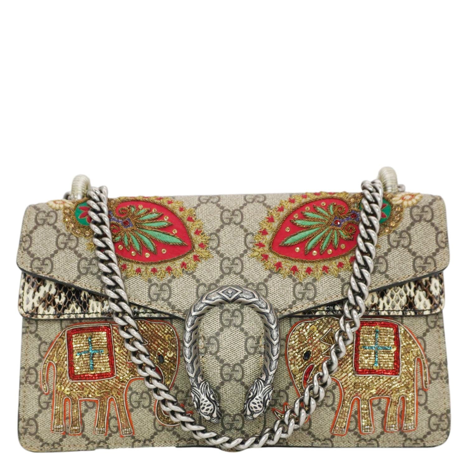 Gucci Dionysus Supreme Elephant Embroidered Shoulder Bag Beige