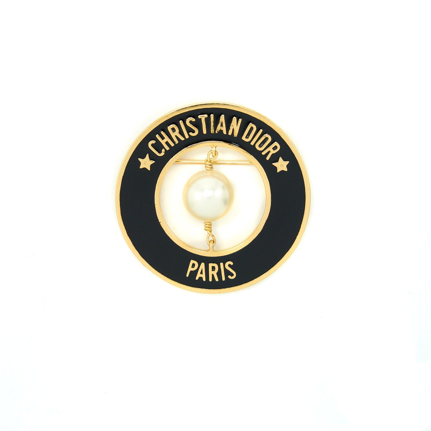 Dior Christian Round Pearl Brooch Ghw Handbag Black Travel Bag