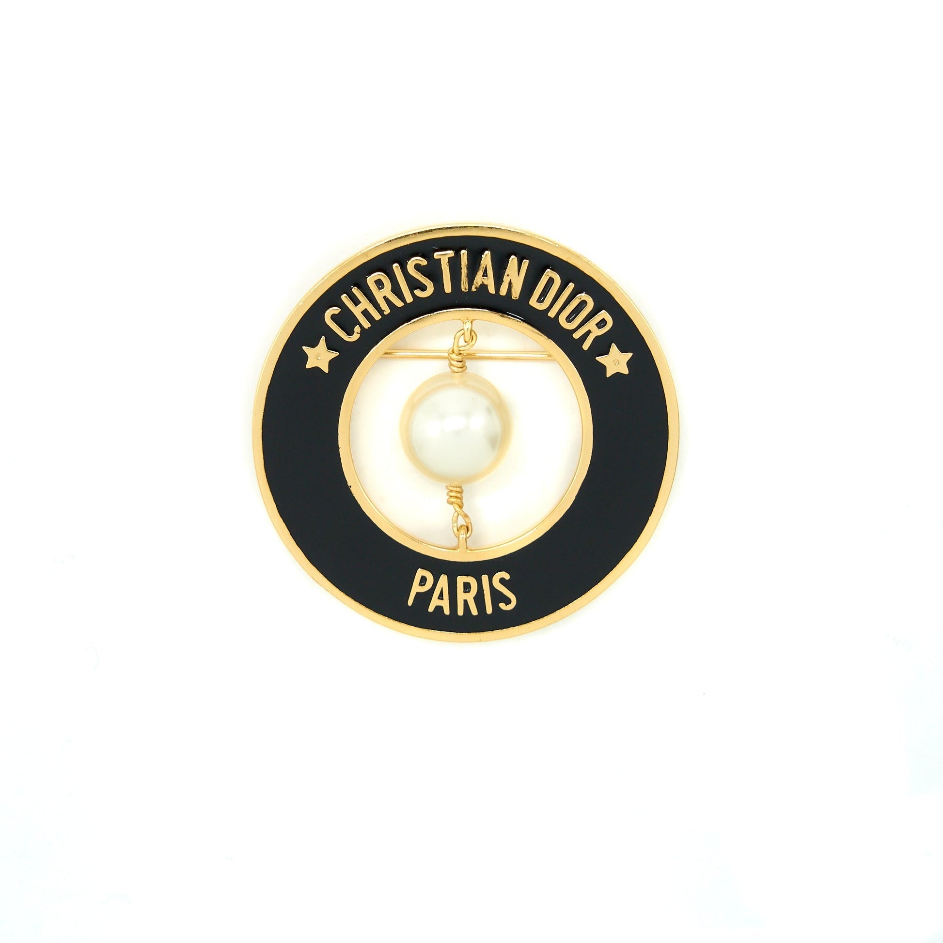 Dior Christian Round Pearl Brooch Ghw Handbag Black Travel Bag