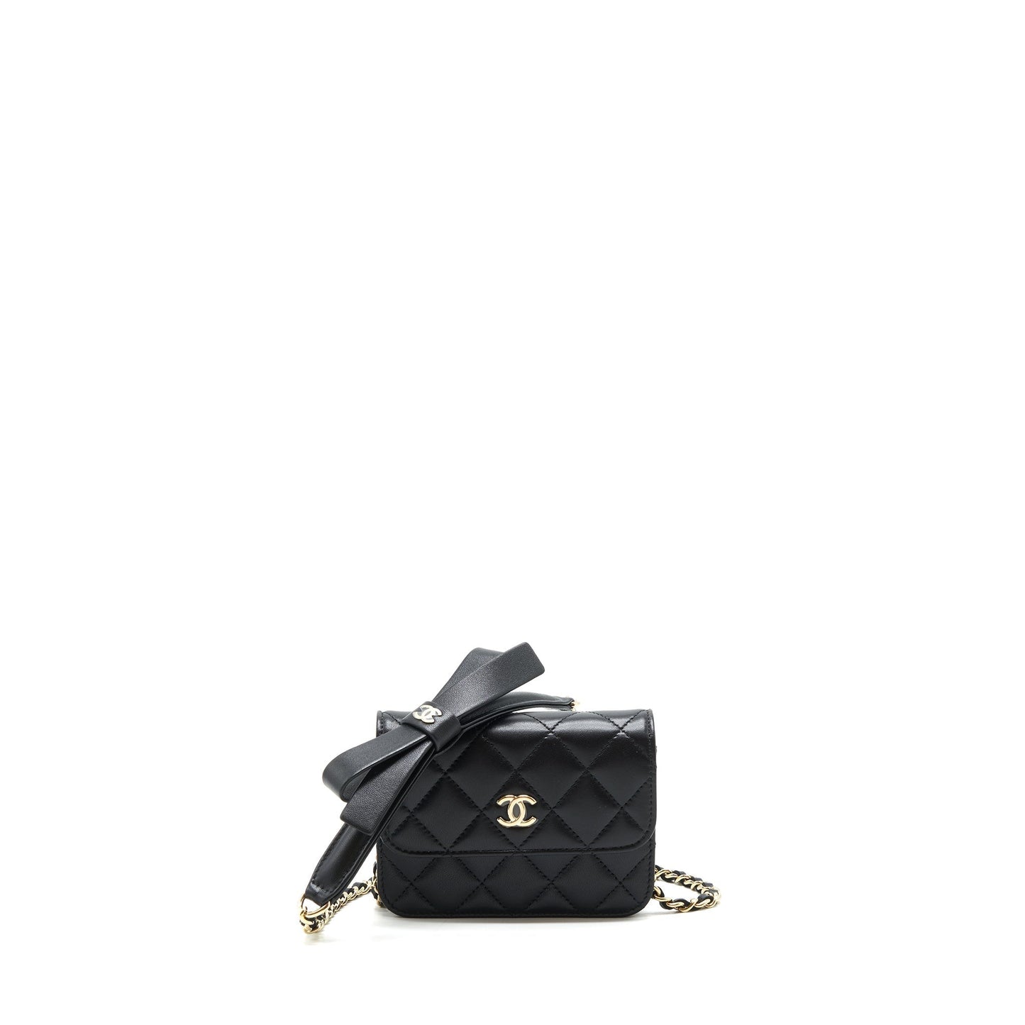 Chanel flap card holder Ribbon Lambskin LGHW Black Wallet Case