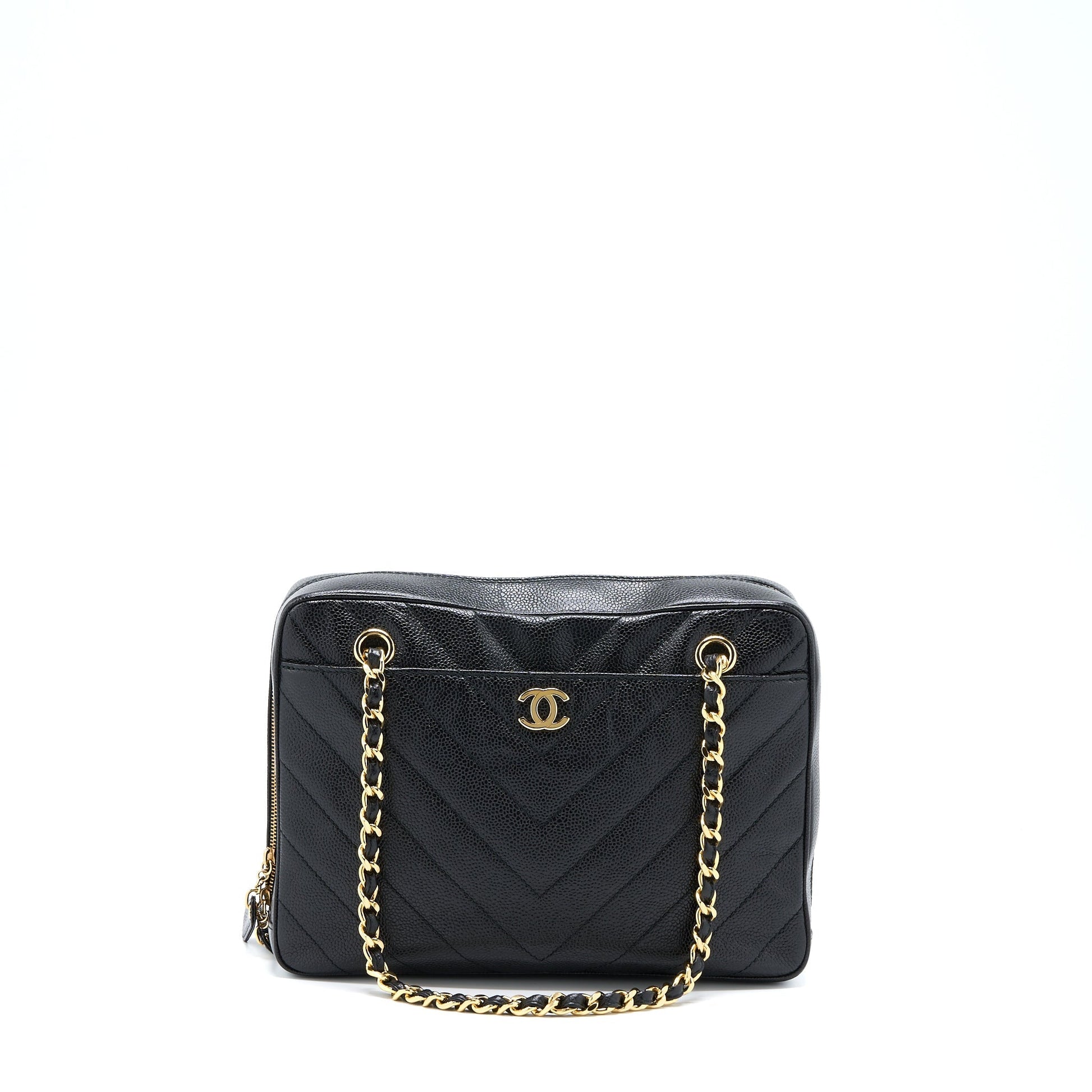 Chanel Camera Chevron Caviar GHW Black Tote Bag