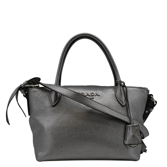 Prada Daino Tote Shoulder Bag Leather Vitello Silver