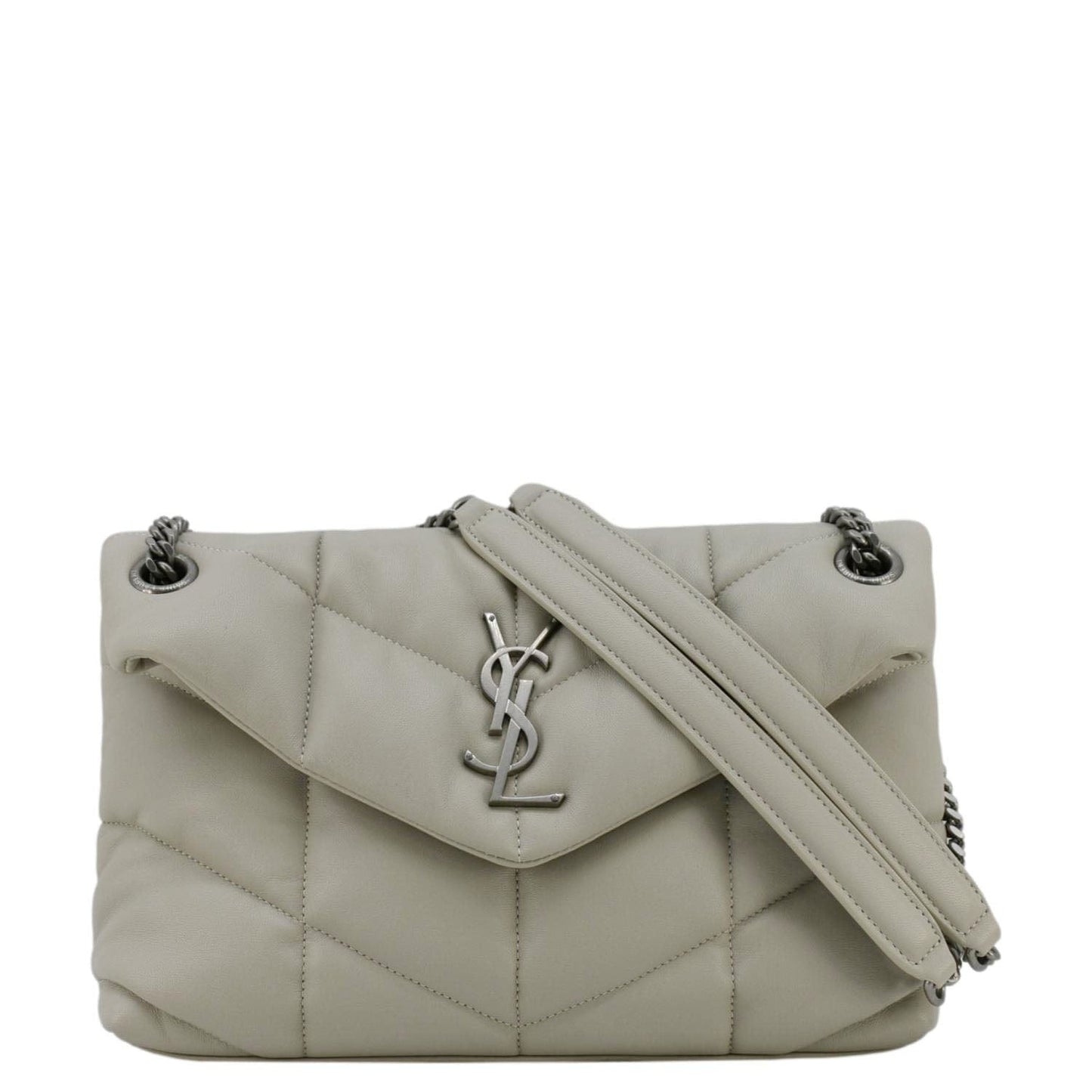 YSL Saint Laurent Loulou Puffer Shoulder Bag Light Grey Leather Quilted Gray