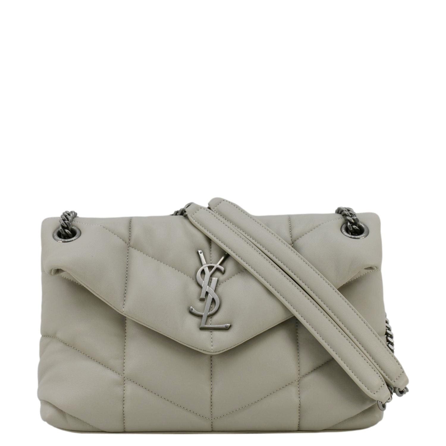 YSL Saint Laurent Loulou Puffer Shoulder Bag Light Grey Leather Quilted Gray