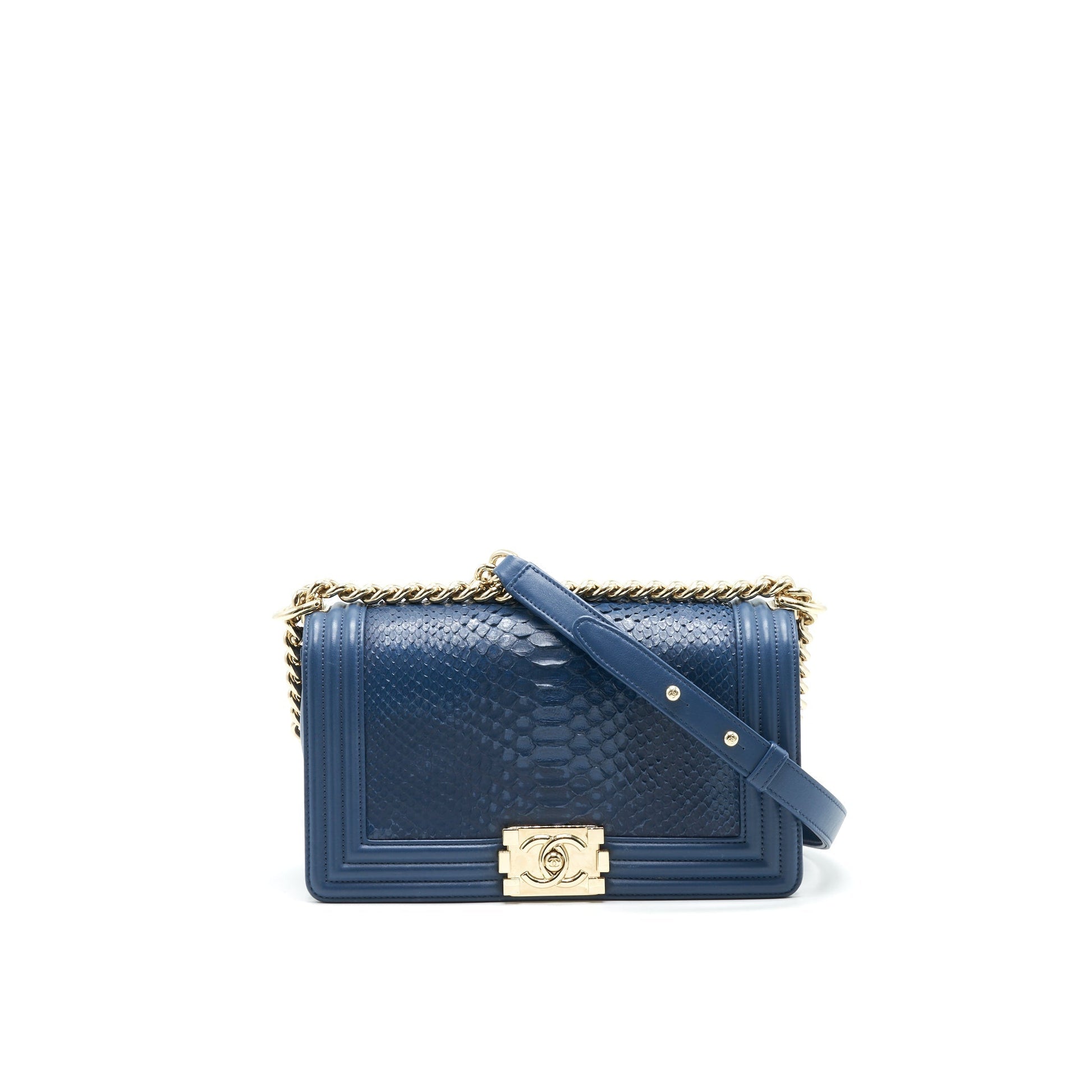 Chanel Boy flap Python LGHW Blue Leather Shoulder Bag